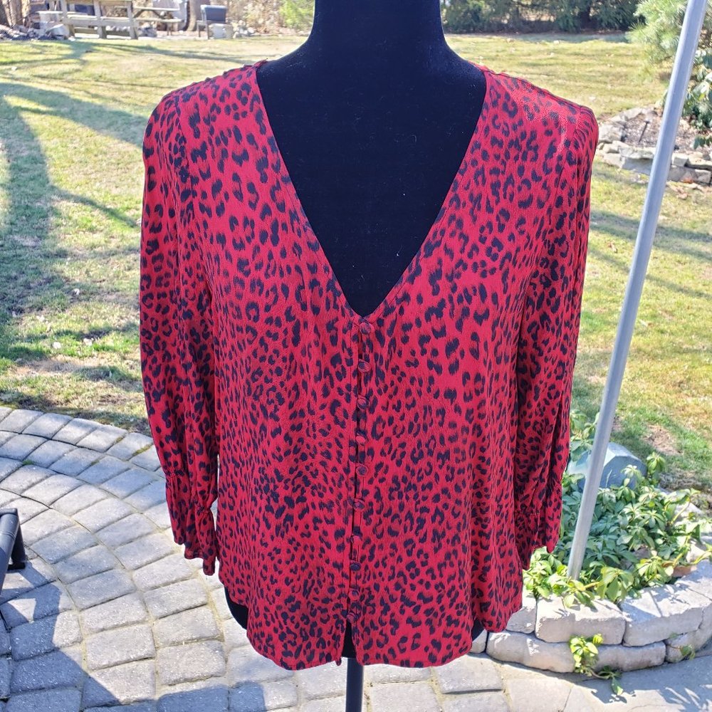 Sanctuary Rayon Blouse Red/Black Leopard Med